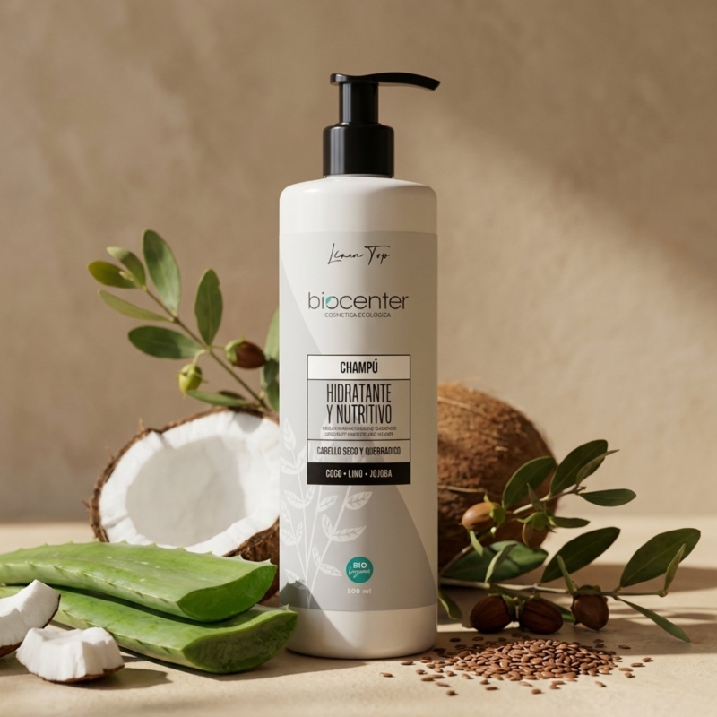 Champú natural hidratante y nutritivo Biocenter para cabello seco y dañado con aloe vera, lino y jojoba 500 ml