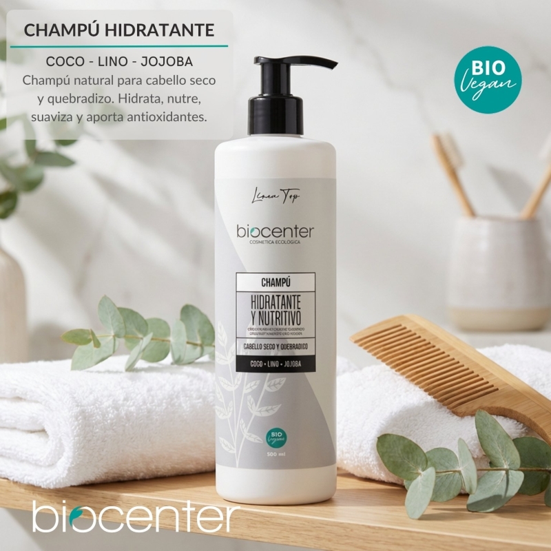 Champú natural hidratante y nutritivo Biocenter para cabello seco y dañado con aloe vera, lino y jojoba 500 ml