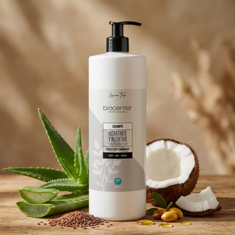 Champú natural hidratante y nutritivo Biocenter para cabello seco y dañado con aloe vera, lino y jojoba 500 ml