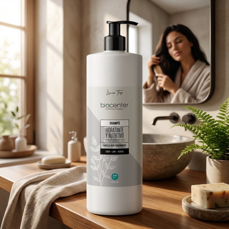Champú natural hidratante y nutritivo Biocenter para cabello seco y dañado con aloe vera, lino y jojoba 500 ml