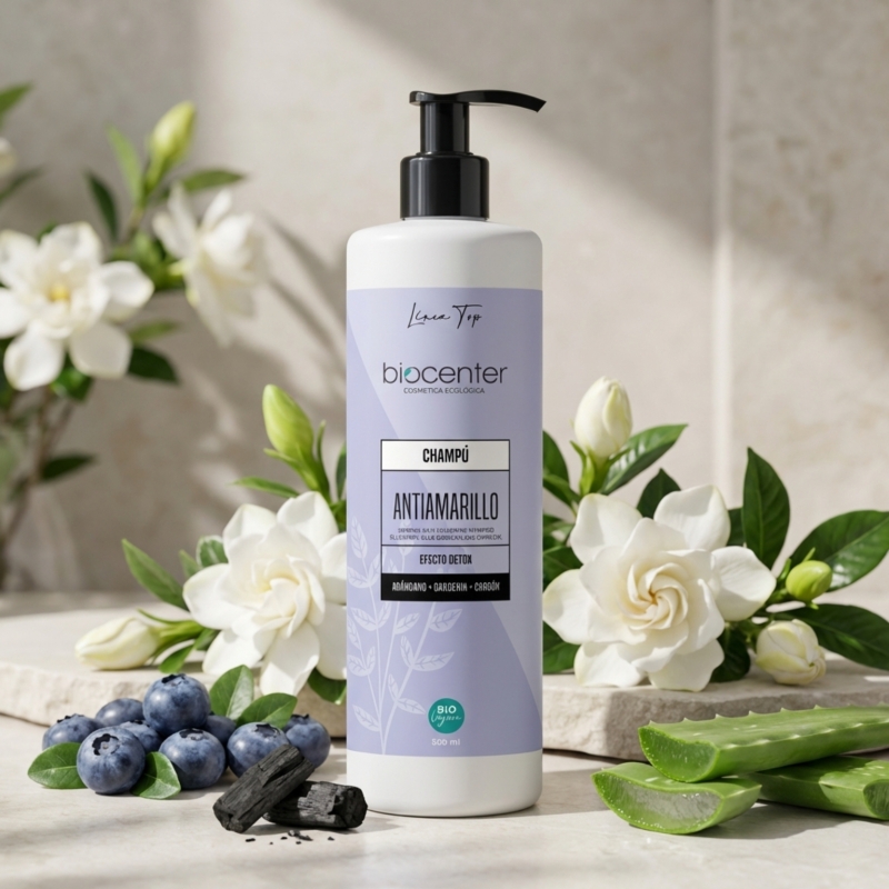 Champú natural antiamarillo Biocenter detox con carbón activo y gardenia azul para cabello rubio o decolorado 500 ml
