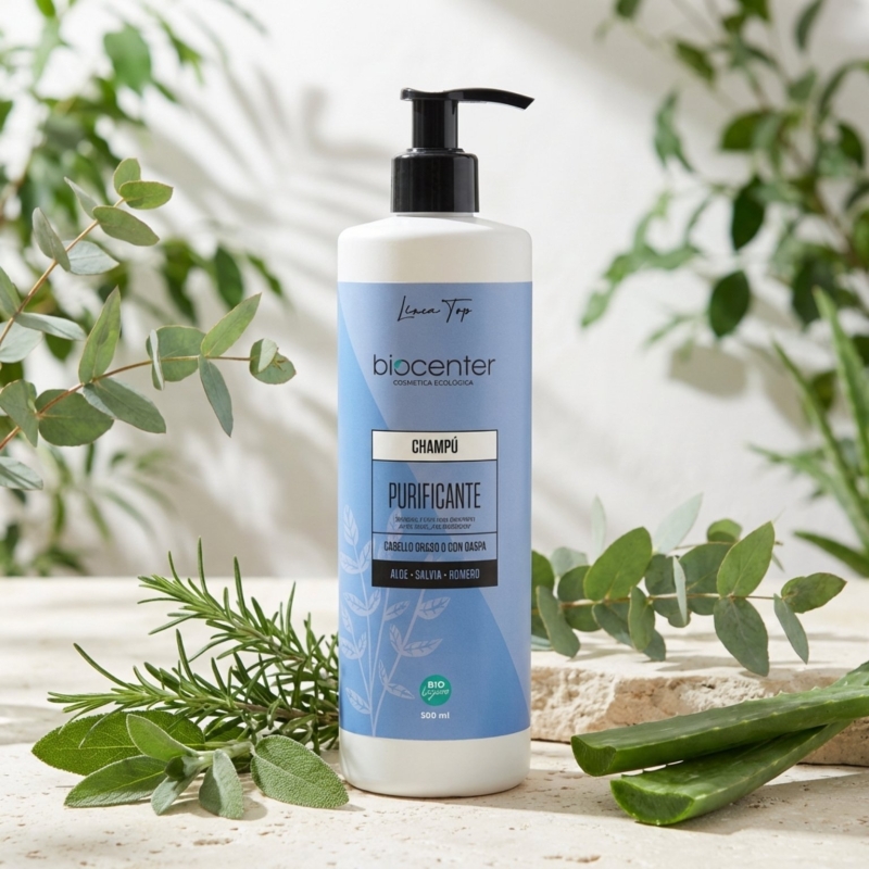 Champú natural purificante Biocenter para cabello graso o con caspa con romero, salvia y aloe vera 500 ml