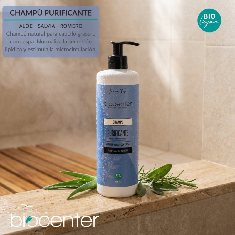 Champú natural purificante Biocenter para cabello graso o con caspa con romero, salvia y aloe vera 500 ml