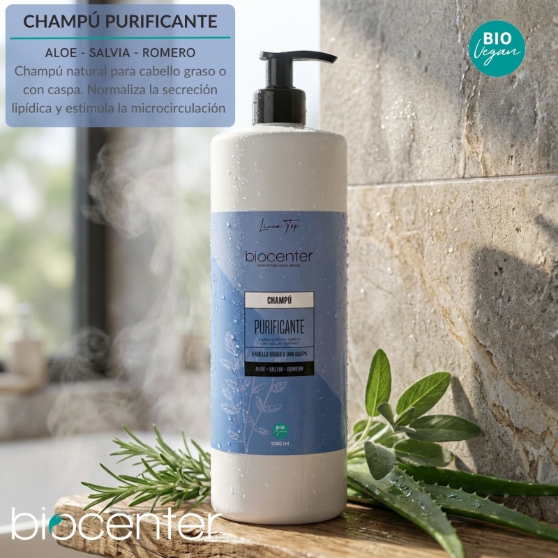 Champú natural purificante Biocenter para cabello graso o con caspa con romero, salvia y aloe vera 1000 ml