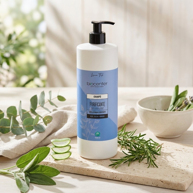Champú natural purificante Biocenter para cabello graso o con caspa con romero, salvia y aloe vera 1000 ml