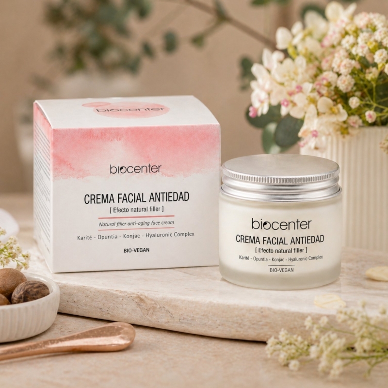 Crema facial antiedad natural Ácido hialurónico Biocenter efecto filler - suaviza visiblemente las arrugas