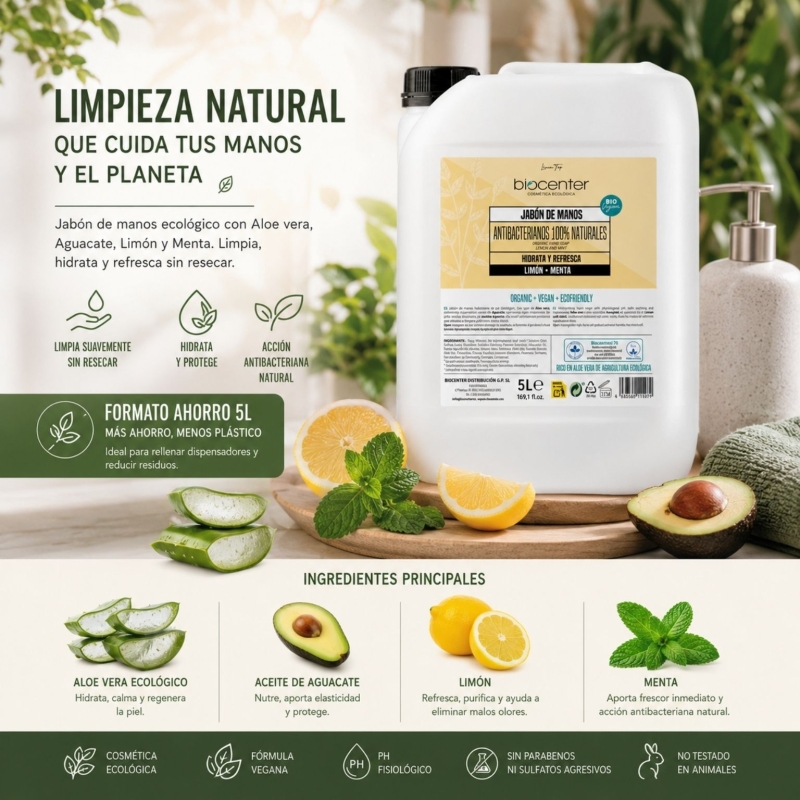 Jabón de manos natural recarga 5 litros Limón y Menta Biocenter ecológico