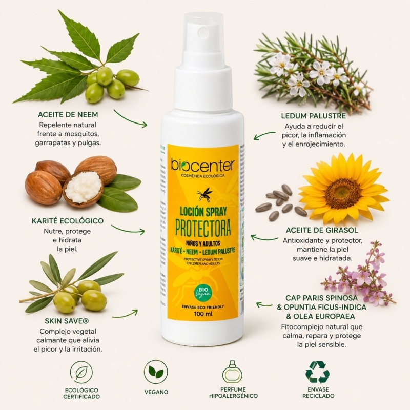 Loción Spray Protectora Antimosquitos Natural Biocenter – Repelente con Aceite de Neem para toda la familia