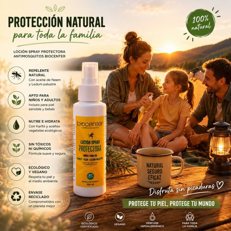 Loción Spray Protectora Antimosquitos Natural Biocenter – Repelente con Aceite de Neem para toda la familia