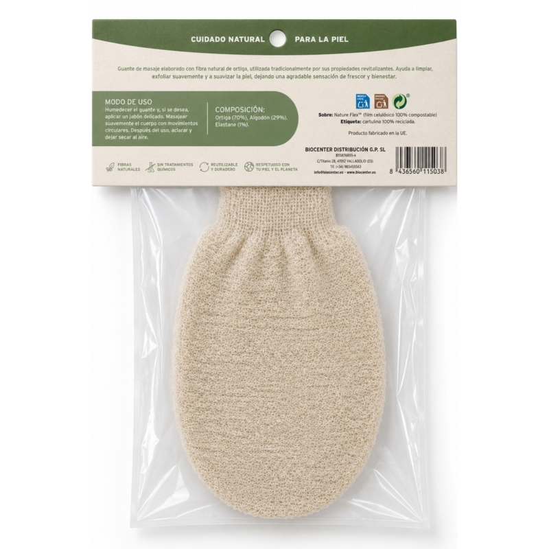 Guante de Ortiga Natural Biocenter para Masaje Corporal – Exfoliación Suave y Piel Revitalizada