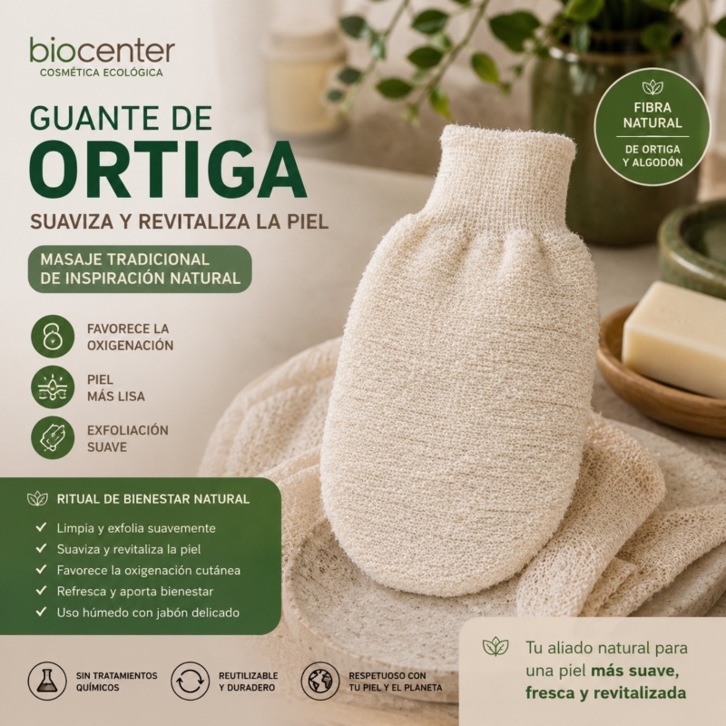 Guante de Ortiga Natural Biocenter para Masaje Corporal – Exfoliación Suave y Piel Revitalizada