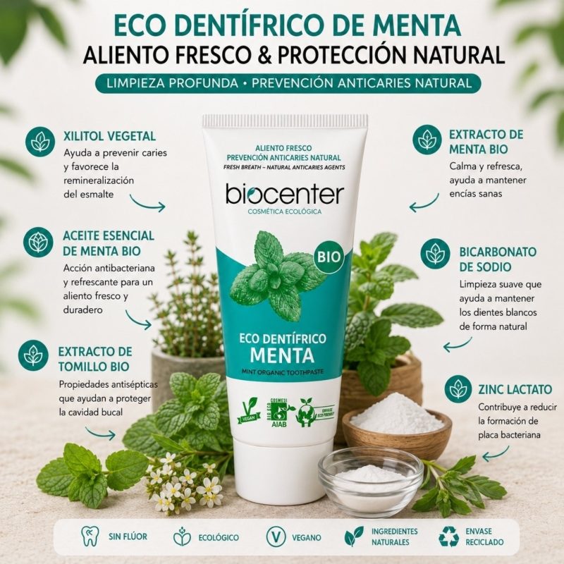Pasta de Dientes Natural de Menta Biocenter – Dentífrico Ecológico Sin Flúor para un Aliento Fresco y Encías Cuidadas
