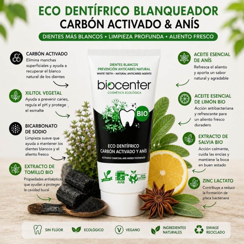 Pasta de Dientes Natural Blanqueadora de Carbón Activado y Anís Biocenter – Dentífrico Ecológico Sin Flúor