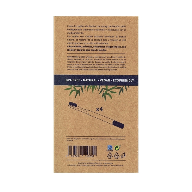 Cepillos de Dientes de Bambú para Niños con Carbón Activado Biocenter - Pack 4 unidades