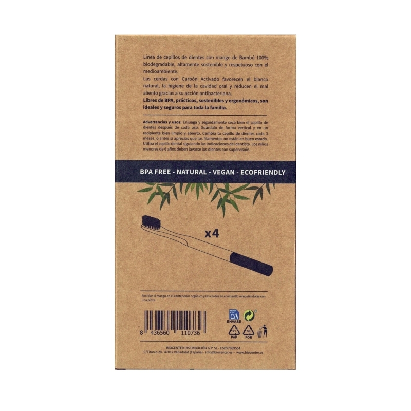 Cepillos de Dientes de Bambú Adulto con Carbón Activado Biocenter - Pack 4 unidades - Cerdas Medias sin BPA