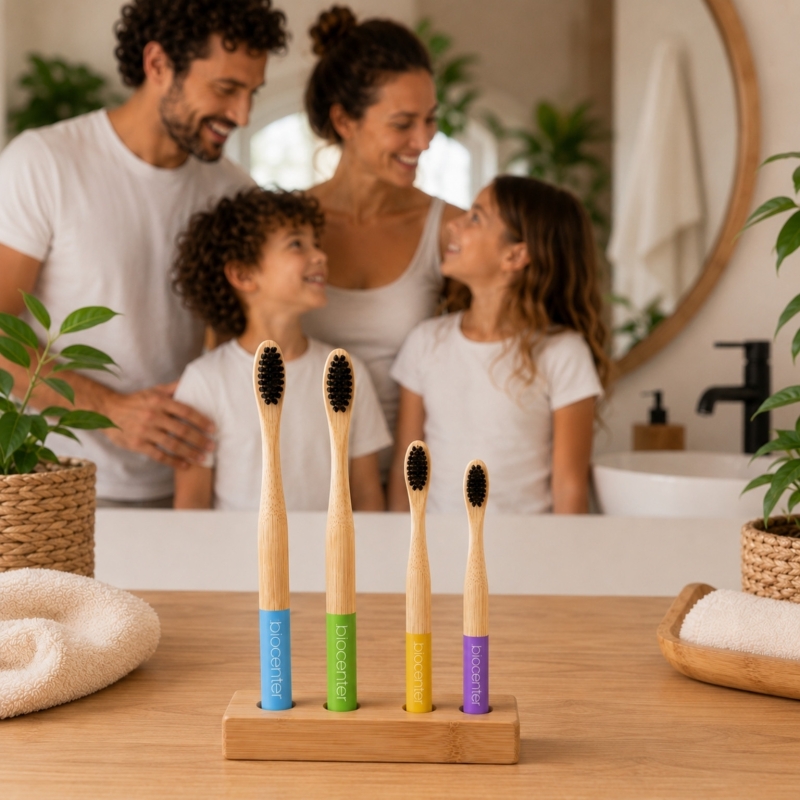 Cepillos de Dientes de Bambú Adulto con Carbón Activado Biocenter - Pack 4 unidades - Cerdas Medias sin BPA
