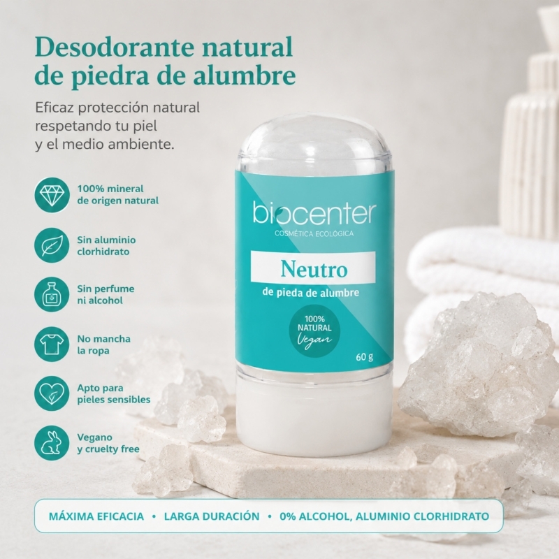 Piedra de Alumbre Biocenter 60 g – Desodorante Mineral Natural Sin Perfume