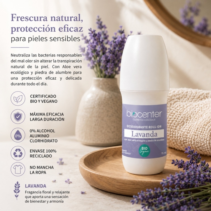 Desodorante Natural Roll-On Lavanda Biocenter 75 ml – Protección Natural con Aroma Relajante