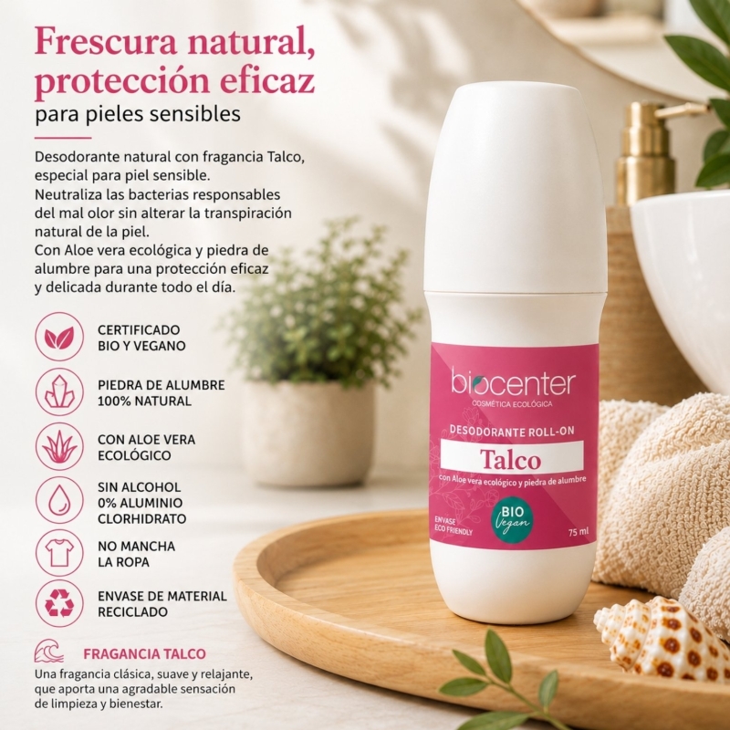 Desodorante Natural Roll-On Talco Biocenter 75 ml – Frescor Suave para Piel Sensible