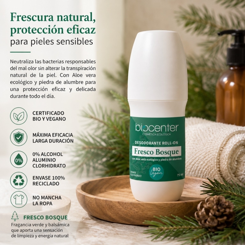 Desodorante Natural Roll-On Fresco Bosque Biocenter 75 ml – Frescor Natural para Piel Sensible