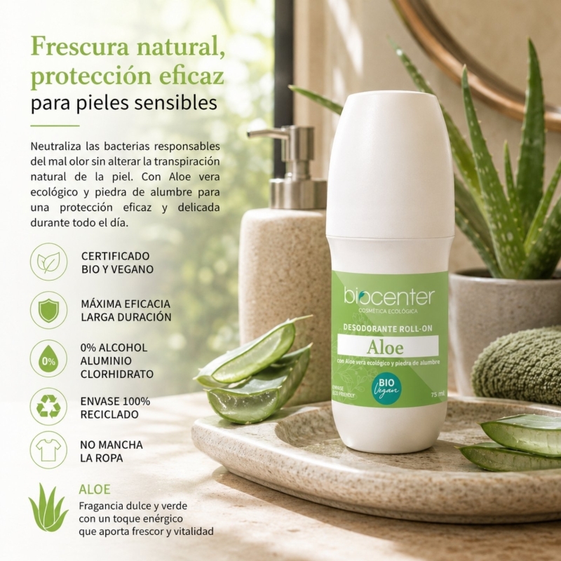 Desodorante Natural Roll-on Aloe Biocenter 75 ml – Frescor Natural para Piel Sensible