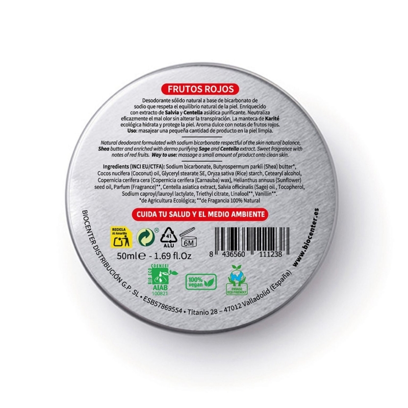 Desodorante Sólido Natural Frutos Rojos Biocenter 50 ml – BIO y Vegano – Perfume 100% natural