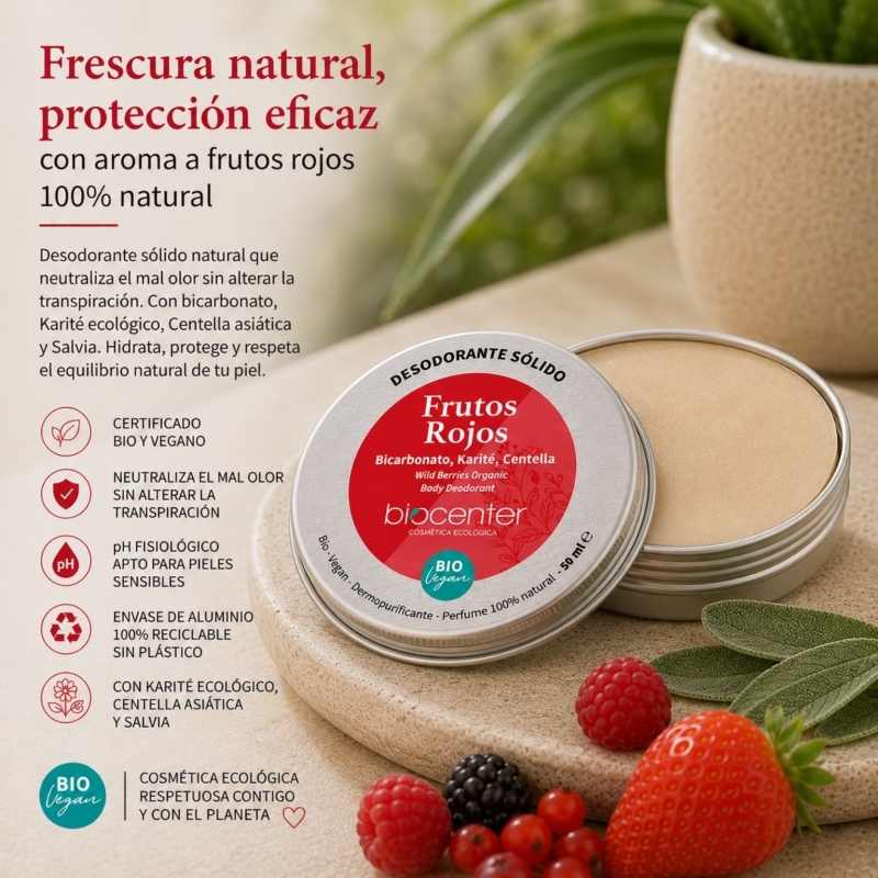 Desodorante Sólido Natural Frutos Rojos Biocenter 50 ml – BIO y Vegano – Perfume 100% natural