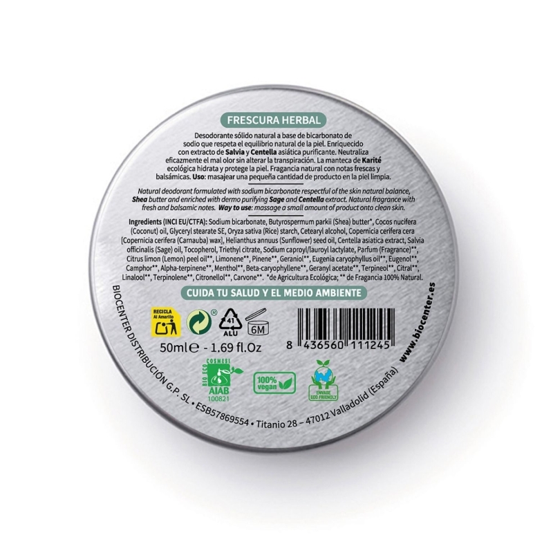 Desodorante Sólido Natural Frescura Herbal Biocenter 50 ml – BIO y Vegano – Perfume 100% natural