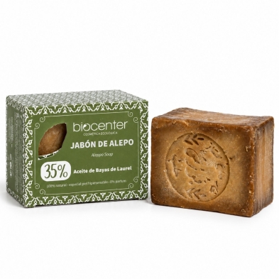 Jabón de Alepo original Biocenter 35% aceite de laurel, 200 g, artesanal y fabricado en Siria, sin perfumes añadidos