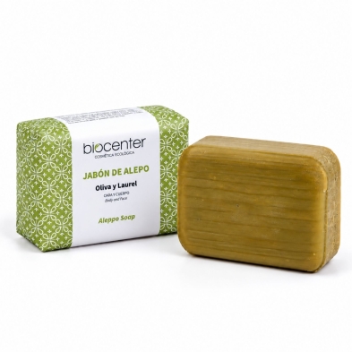 Jabón de Alepo Original Biocenter 100 g, elaborado artesanalmente en Siria con aceite de oliva y laurel, sin perfumes añadidos