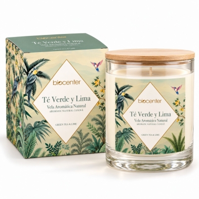 Vela Aromática Natural de Cera de Soja Té Verde y Lima Biocenter – Con esencias naturales, Sin Parafina – 200 g (40 horas)